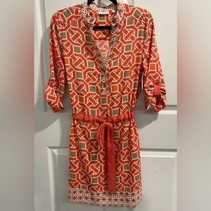 New York & Co. Orange & Beige Geometric Belted Shift Dress. Size M.